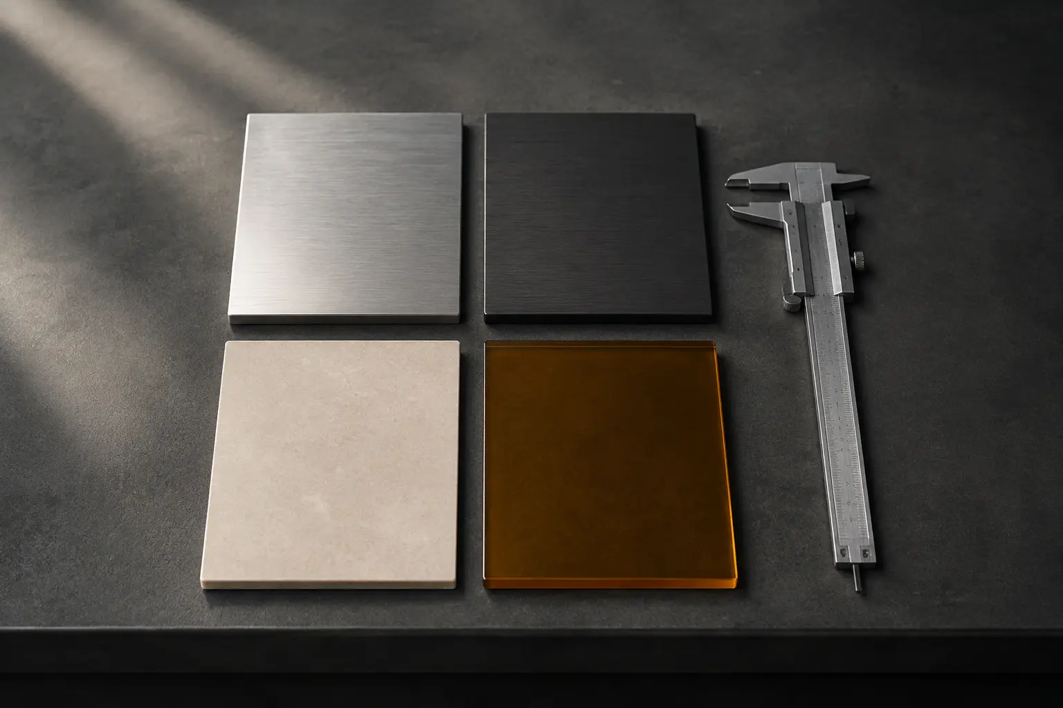 Flat titanium, graphite, limestone and amber material swatches beside a closed caliper on a dark workbench